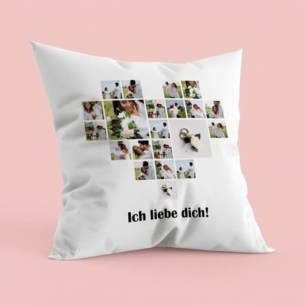 Personalisiertes Kissen mit 21 Fotos in Herzform und Text