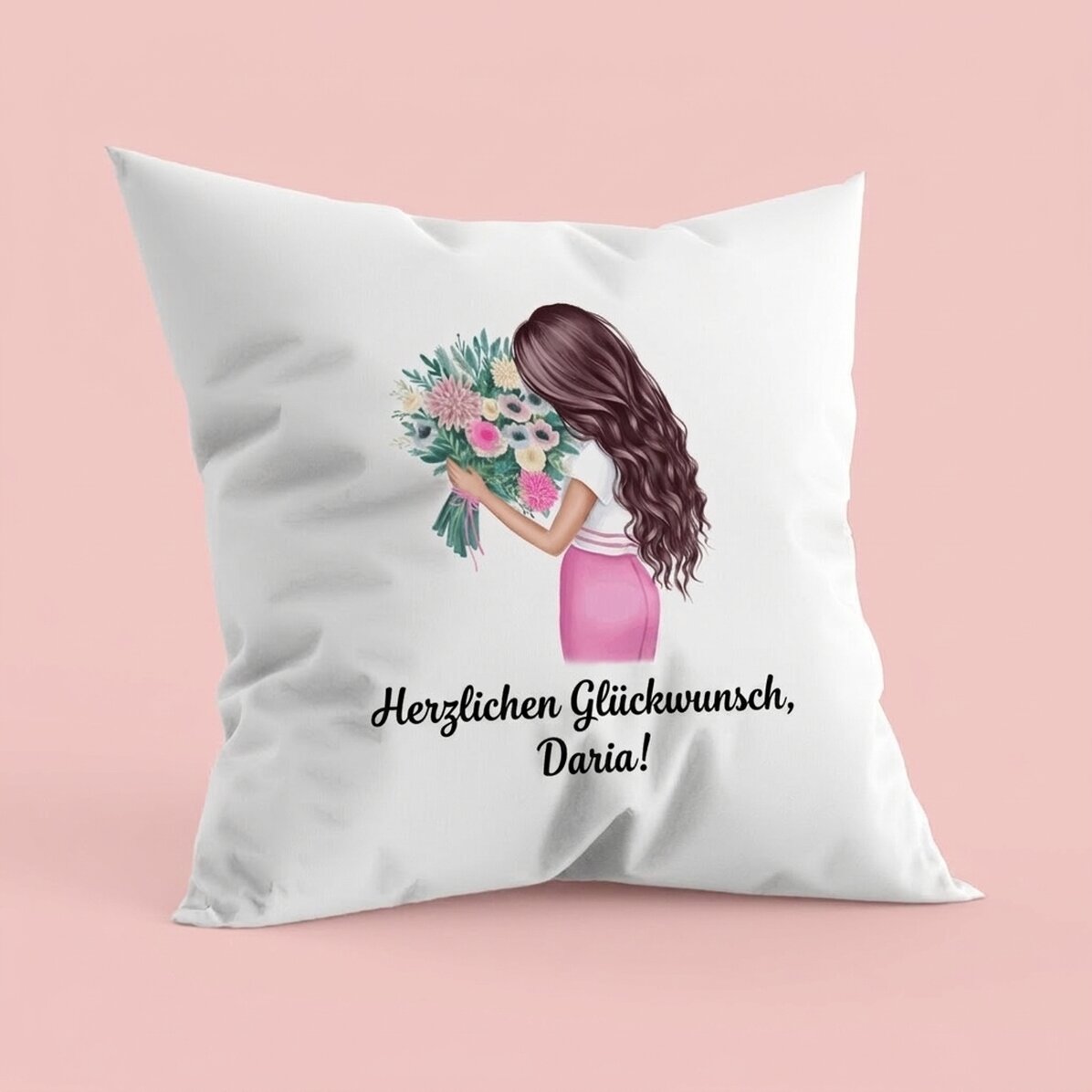 Personalisiertes Kissen mit Schriftzug – „Girl with flowers“