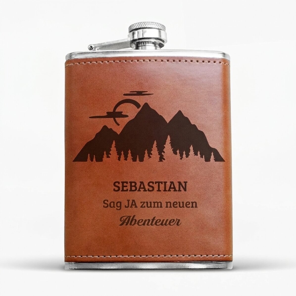 Personalisierte, mit Leder ummantelte Taschenflasche – Adventure Time