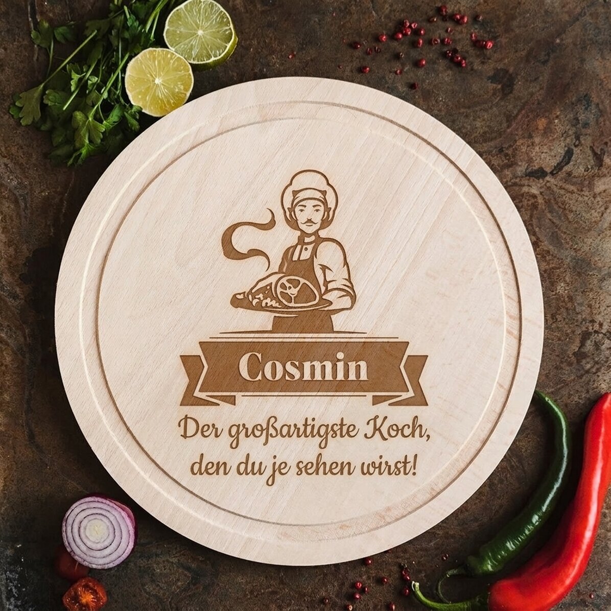 Individuell gestaltetes rundes Schneidebrett – Greatest Chef