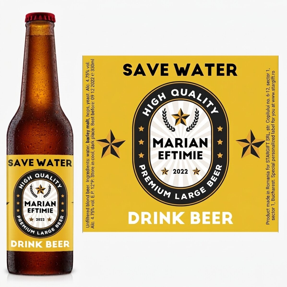 Bier mit individueller Aufschrift – „Save water, drink beer“