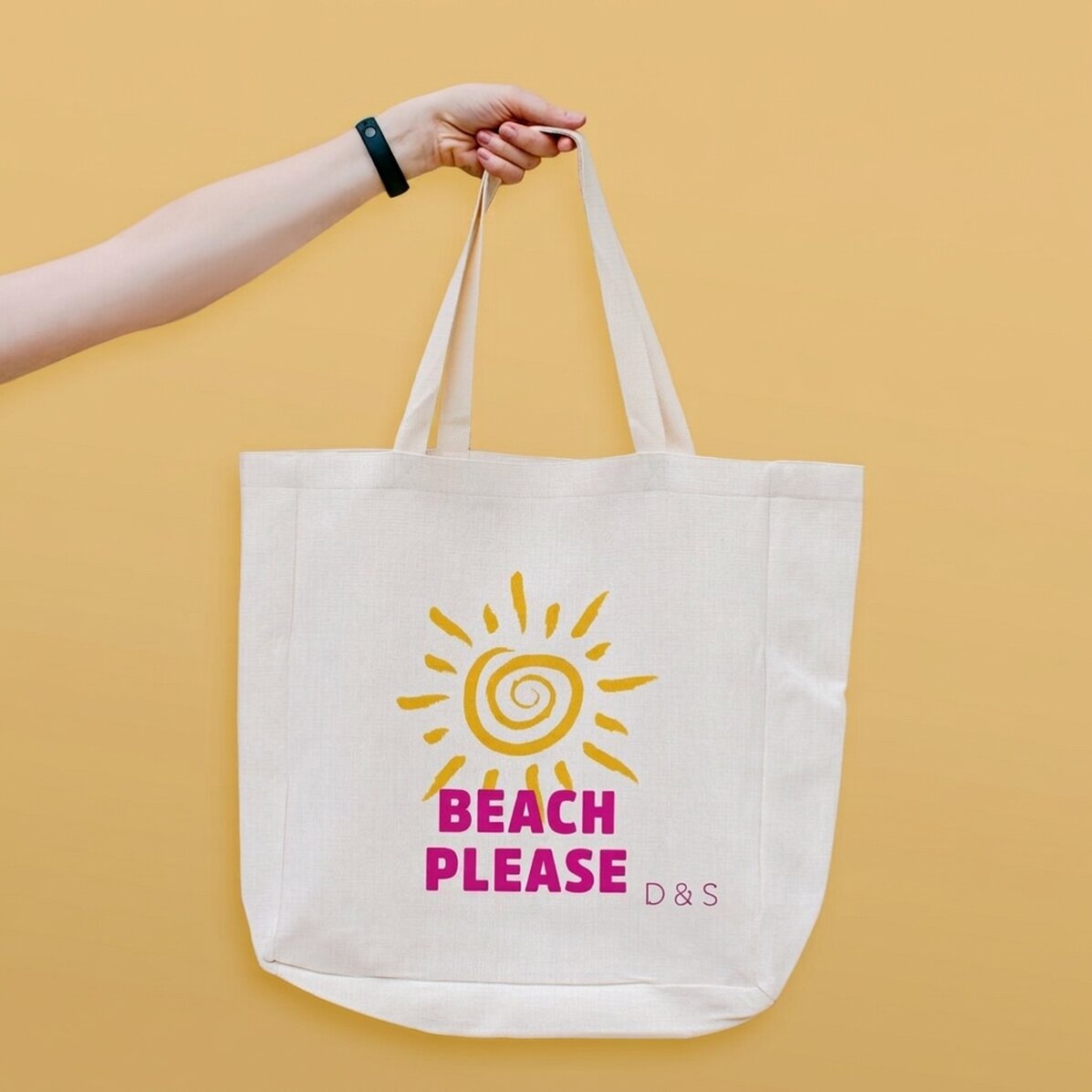 Personalisierte Strandtasche mit Schriftzug – „Beach please“, Modell „Sonne“