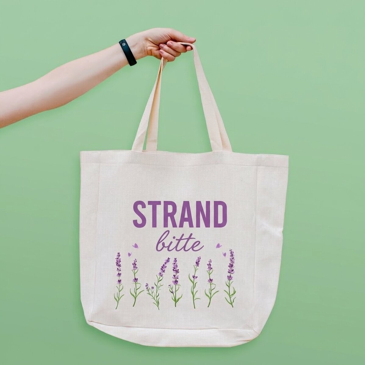 Personalisierte Strandtasche mit Schriftzug – Modell „Beach please“ in Lavendel