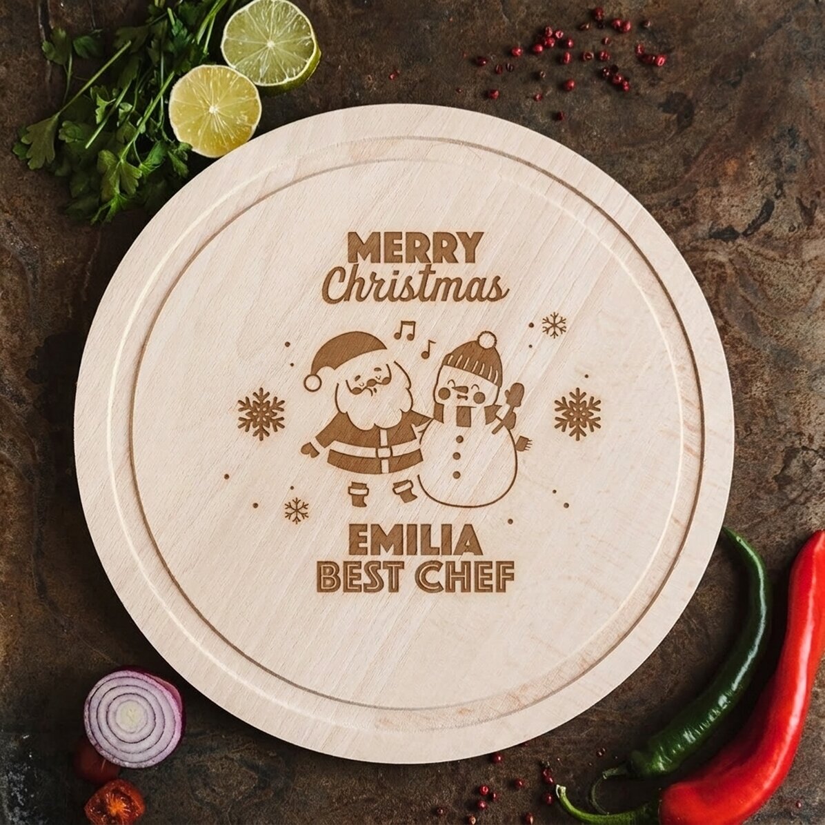 Individuell gestalteter runder Schneideblock – Santa & The Snowman