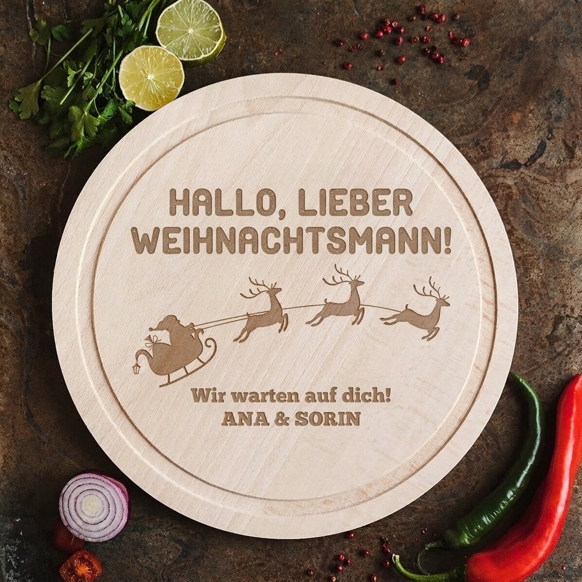 Individuell gestaltetes rundes Schneidebrett – Hey Santa