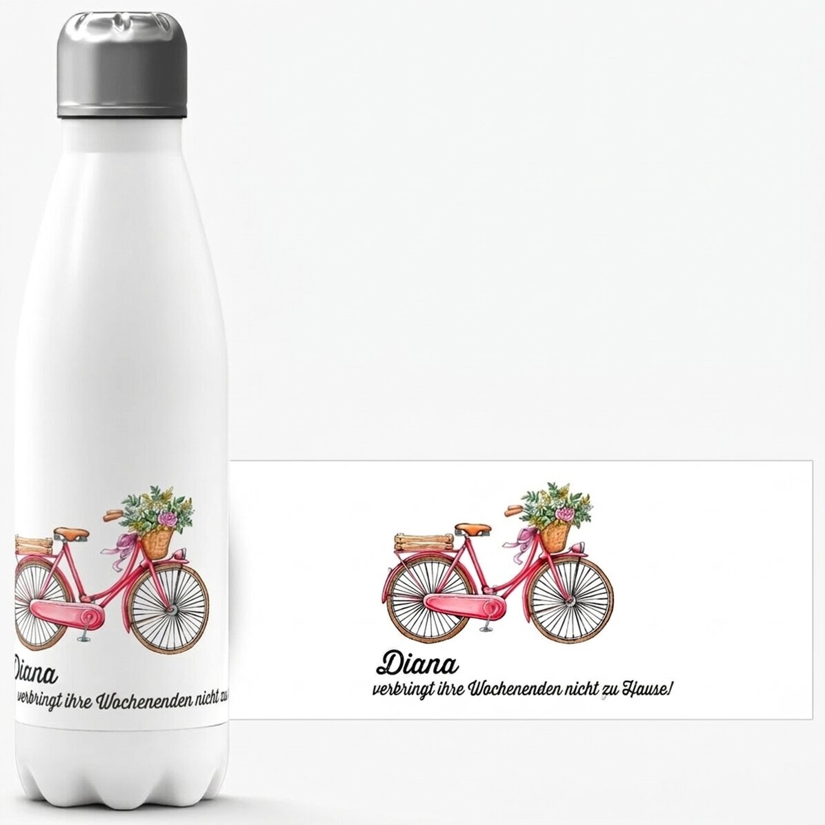 Thermoskanne mit weißem Boden, individuell mit Text bedruckt – Modell „Retro-Fahrrad“