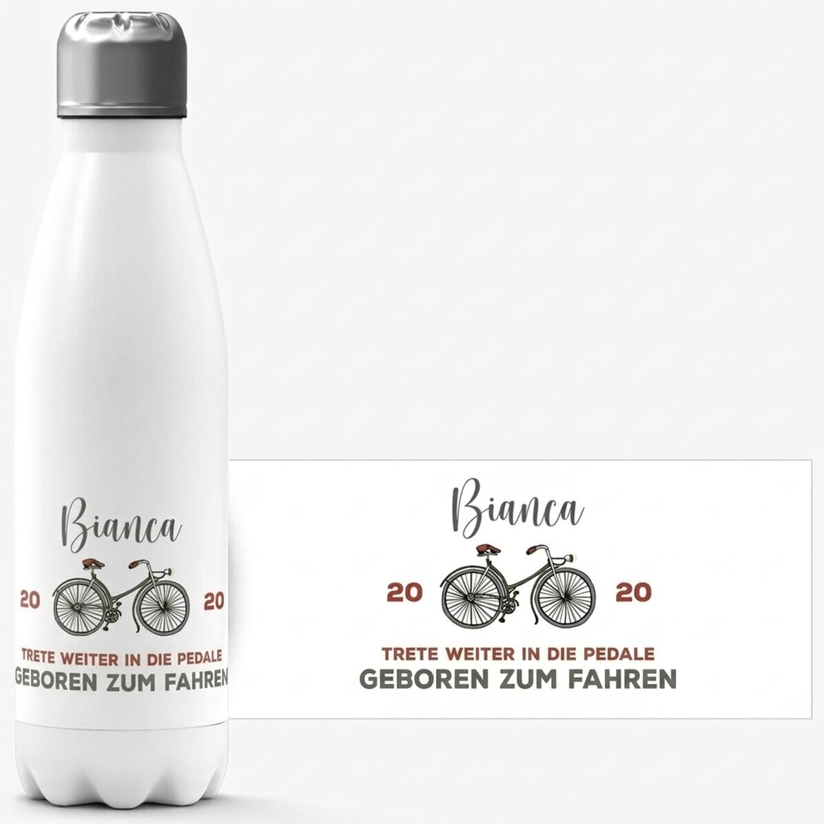 Thermoskanne mit weißem Boden, individuell mit Namen und Text bedruckt – Fahrrad