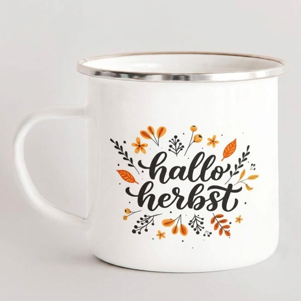 Emaillierter Metallbecher mit Aufdruck – „Hello Autumn“