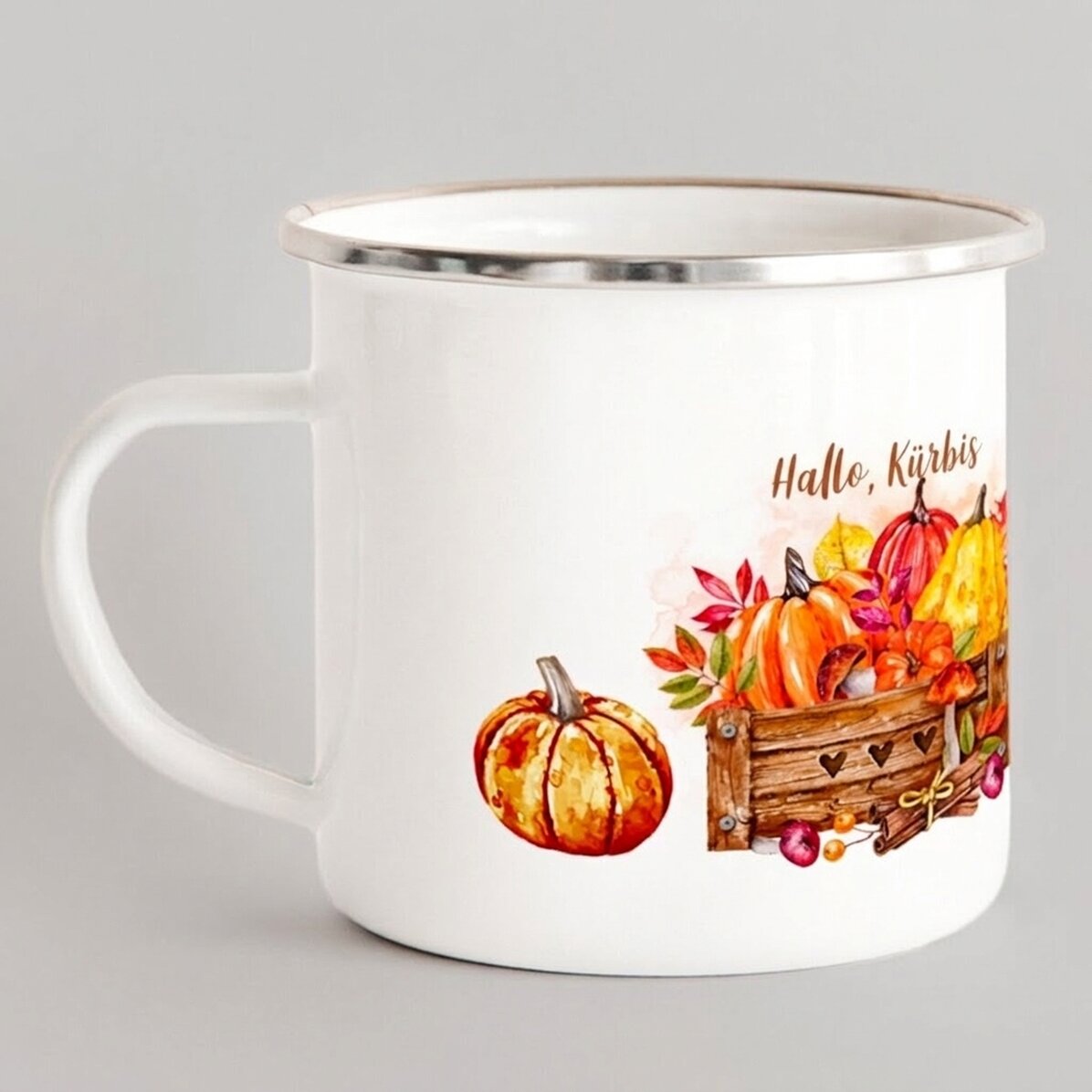 Emaillierter Metallbecher mit Aufdruck – Hello, pumpkin