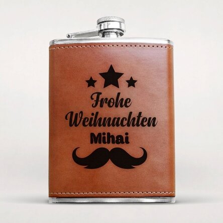Personalisierte, mit Leder ummantelte Taschenflasche – Happy Christmas
