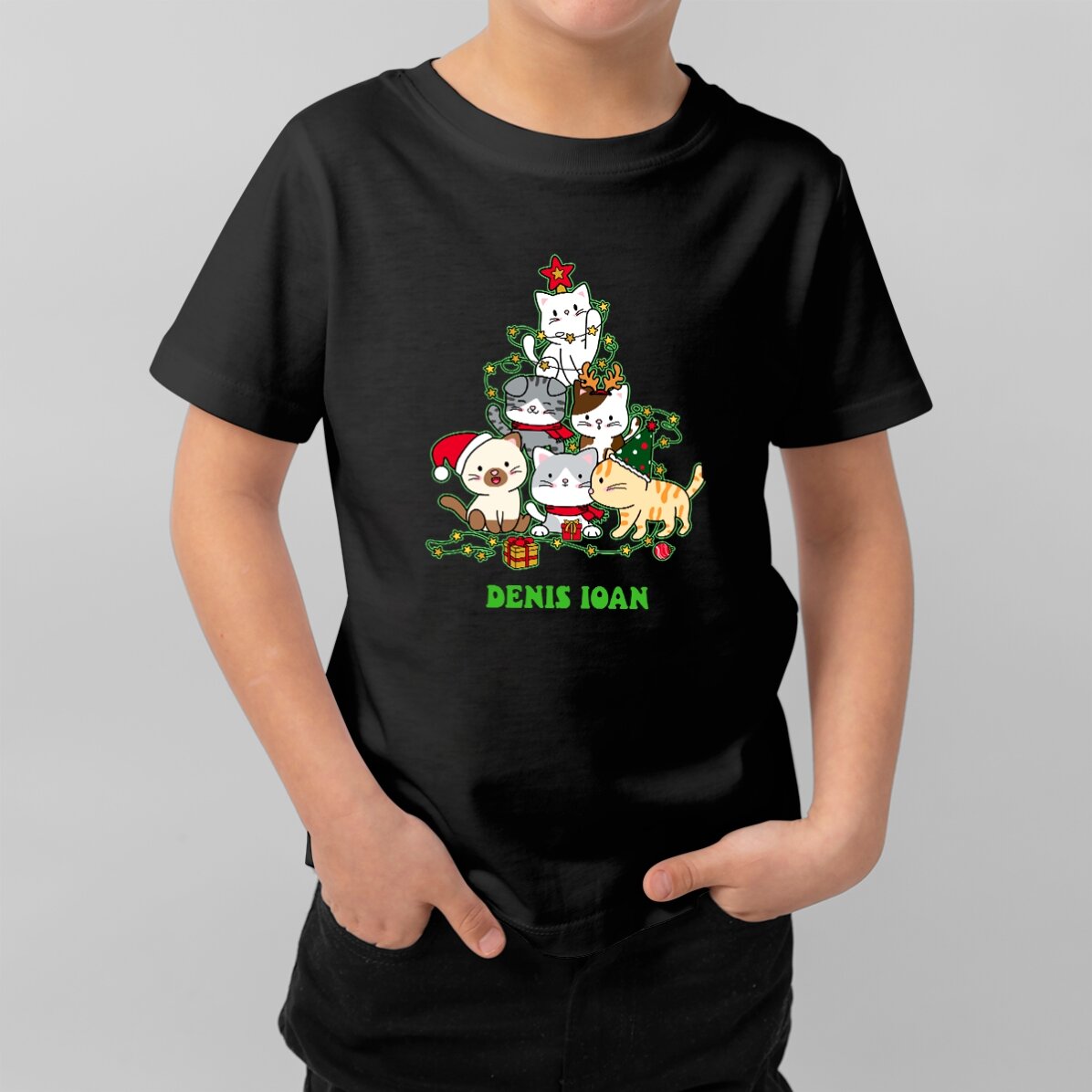 Personalisiertes Baumwoll-T-Shirt für Kinder mit Aufdruck – Catmas Tree