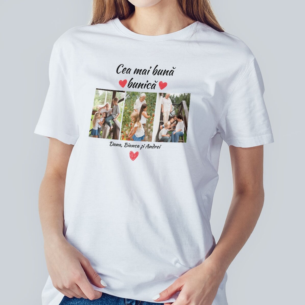 Personalisiertes Baumwoll-T-Shirt mit 3 Fotos und Text – Die besten Großeltern