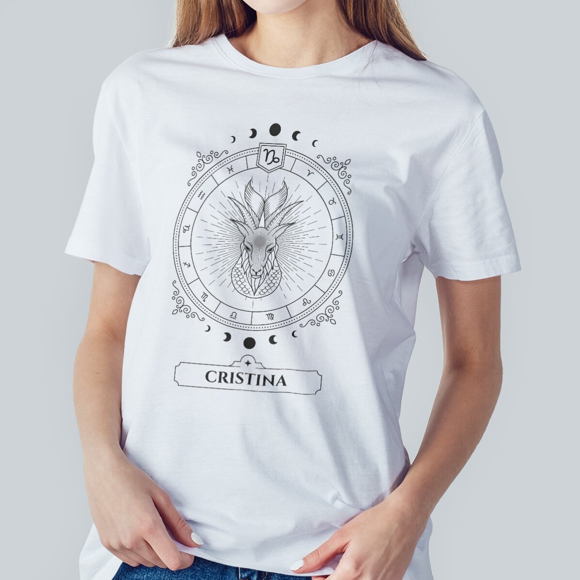 Personalisiertes Baumwoll-T-Shirt mit Namen und Sternzeichen – Steinbock