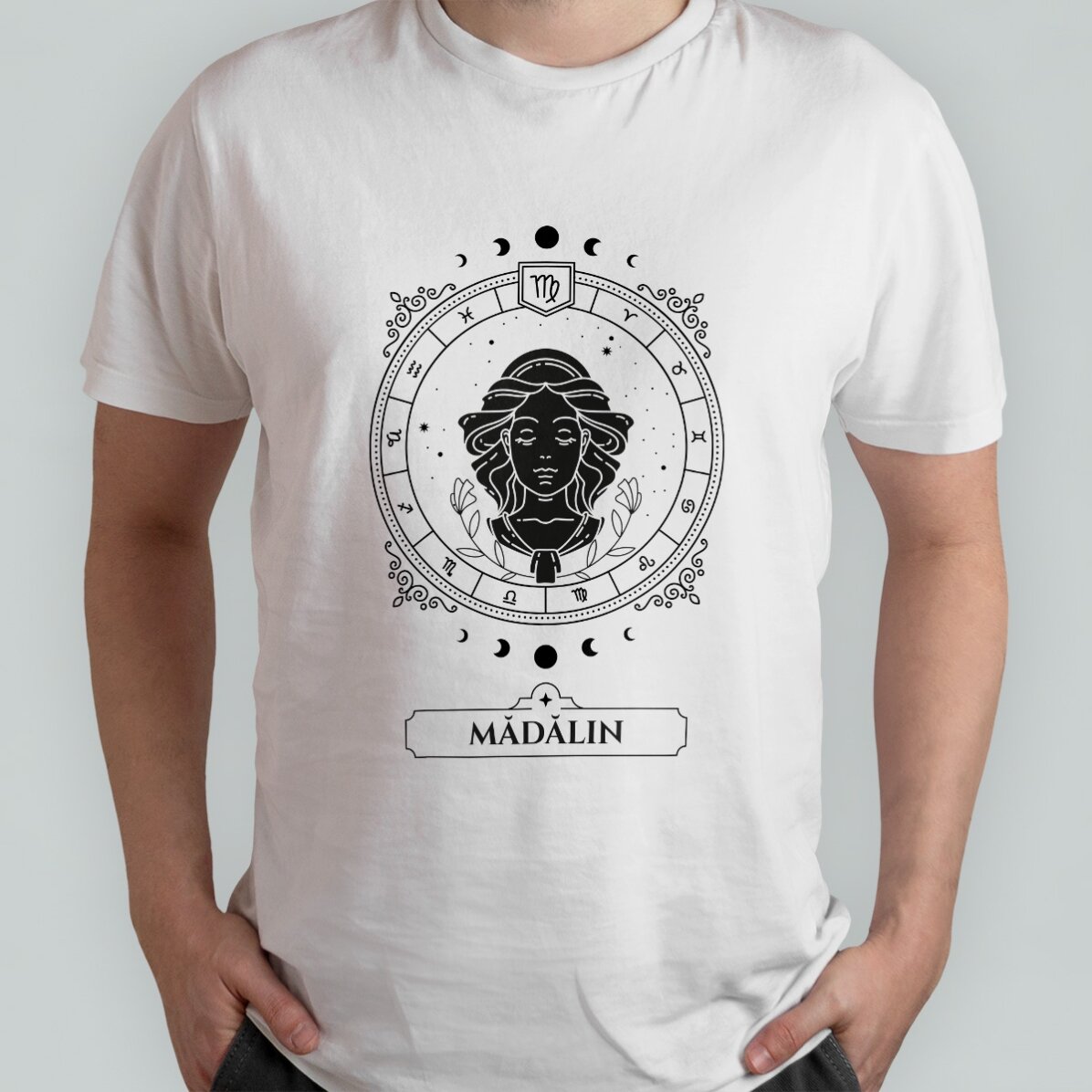 Personalisiertes Baumwoll-T-Shirt mit Namen und Sternzeichen – Jungfrau