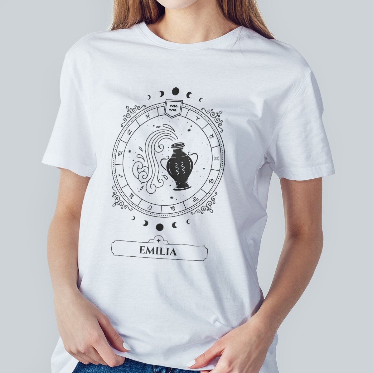 Personalisiertes Baumwoll-T-Shirt mit Namen und Sternzeichen – Wassermann