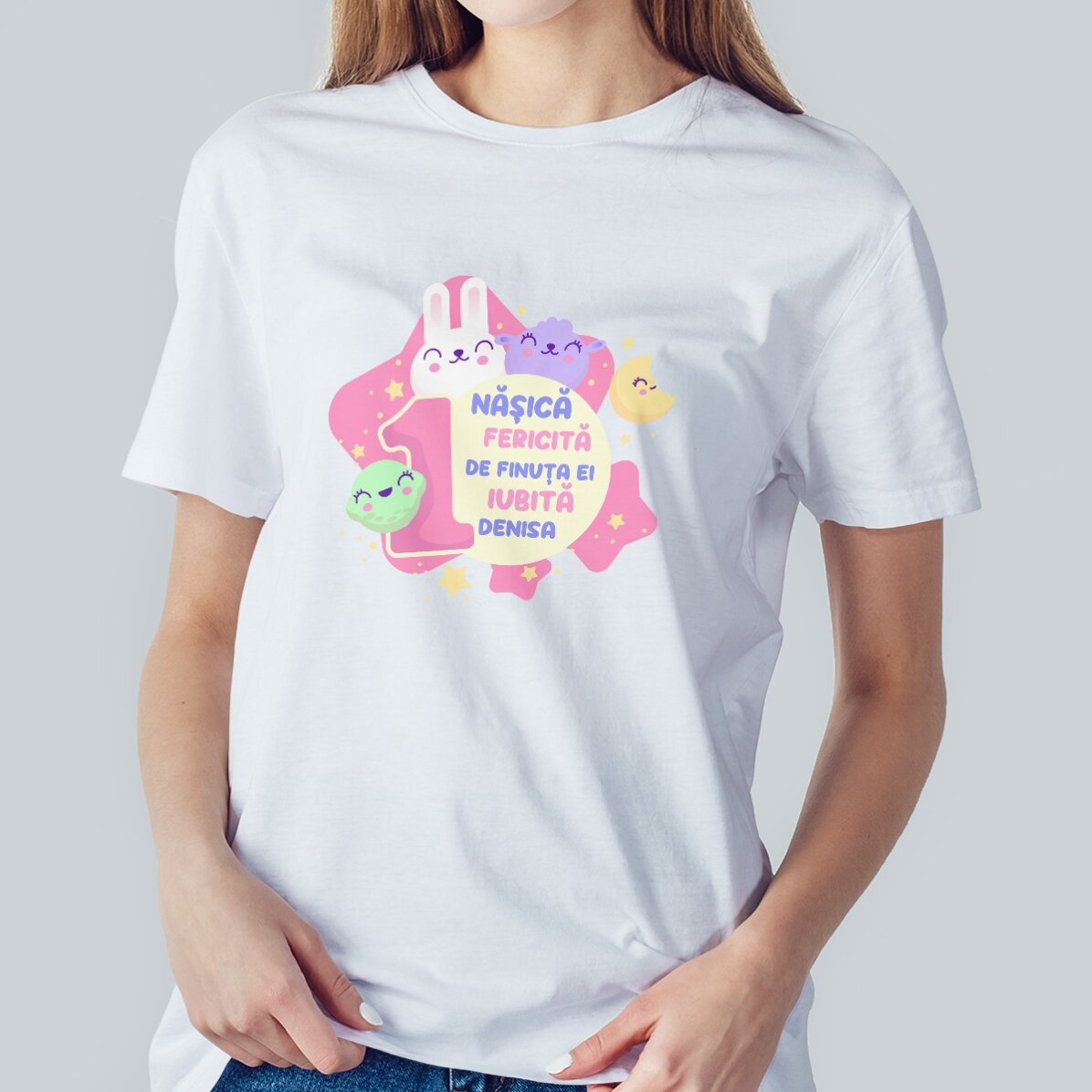 Personalisiertes Baumwoll-T-Shirt mit Aufdruck (Modell für Mädchen) – 1. Geburtstag