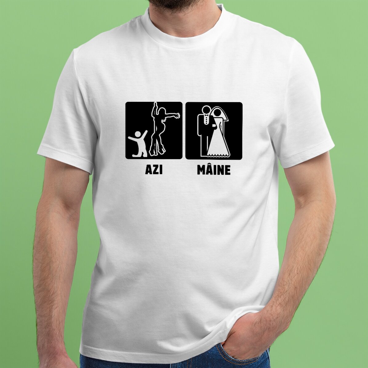 Personalisiertes Baumwoll-T-Shirt mit Aufdruck für den Junggesellenabschied – Heute, morgen
