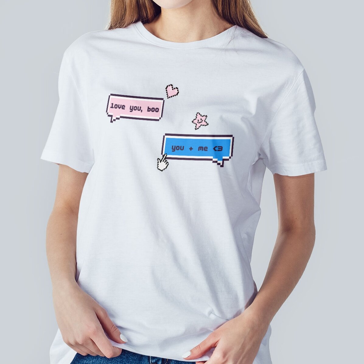 Personalisiertes Baumwoll-T-Shirt mit Aufdruck – Pixel Chat