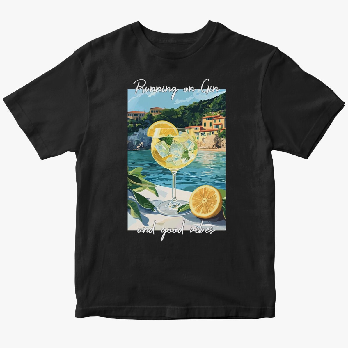 Personalisiertes Baumwoll-T-Shirt mit Aufdruck – Running on Gin