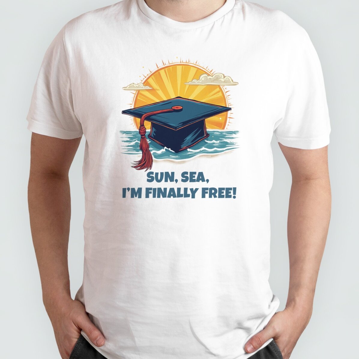 Personalisiertes Baumwoll-T-Shirt mit Aufdruck – Sun, sea, finally free