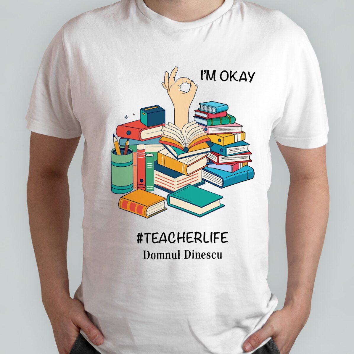 Personalisiertes Baumwoll-T-Shirt mit Aufdruck – #TEACHERLIFE