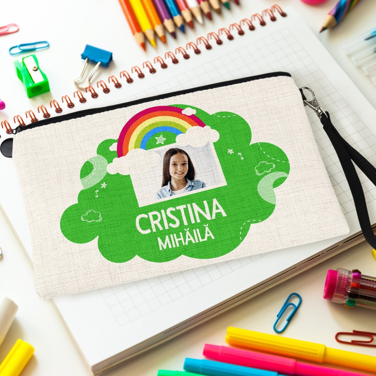 Personalisiertes Schulset mit Foto und Text – Regenbogen-Motiv