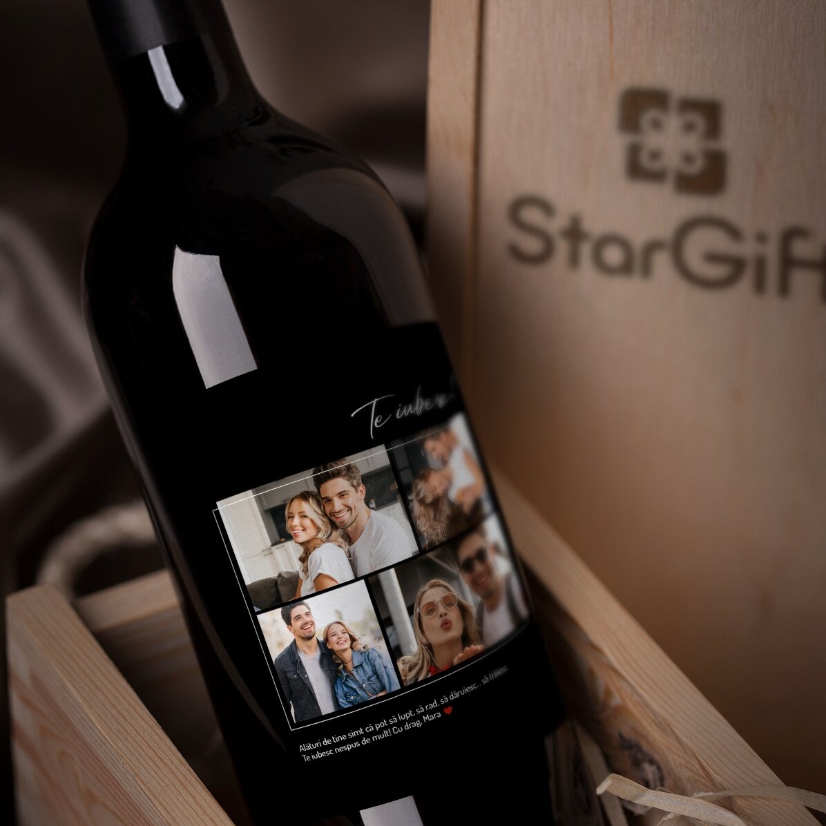 Personalisierter Wein mit 4 Fotos und einem Text für den Liebsten