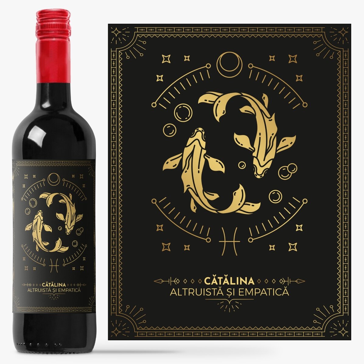 Personalisierter Wein mit Text und Sternzeichen – Fische