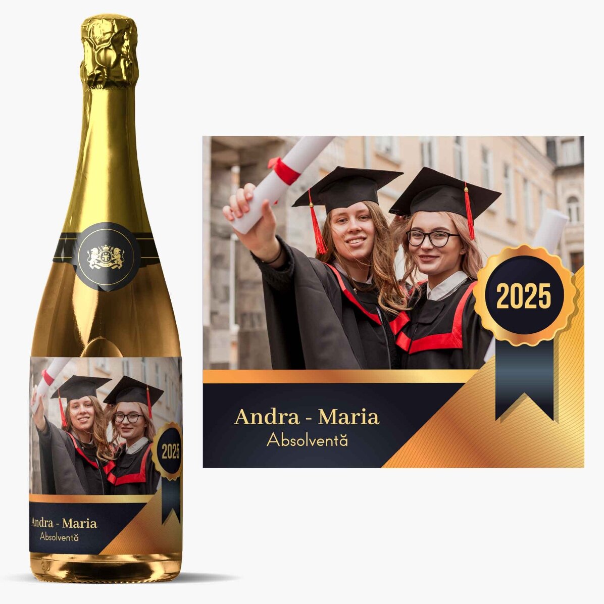 Personalisierter Sekt mit einer Botschaft und einem Foto – Schulabschluss