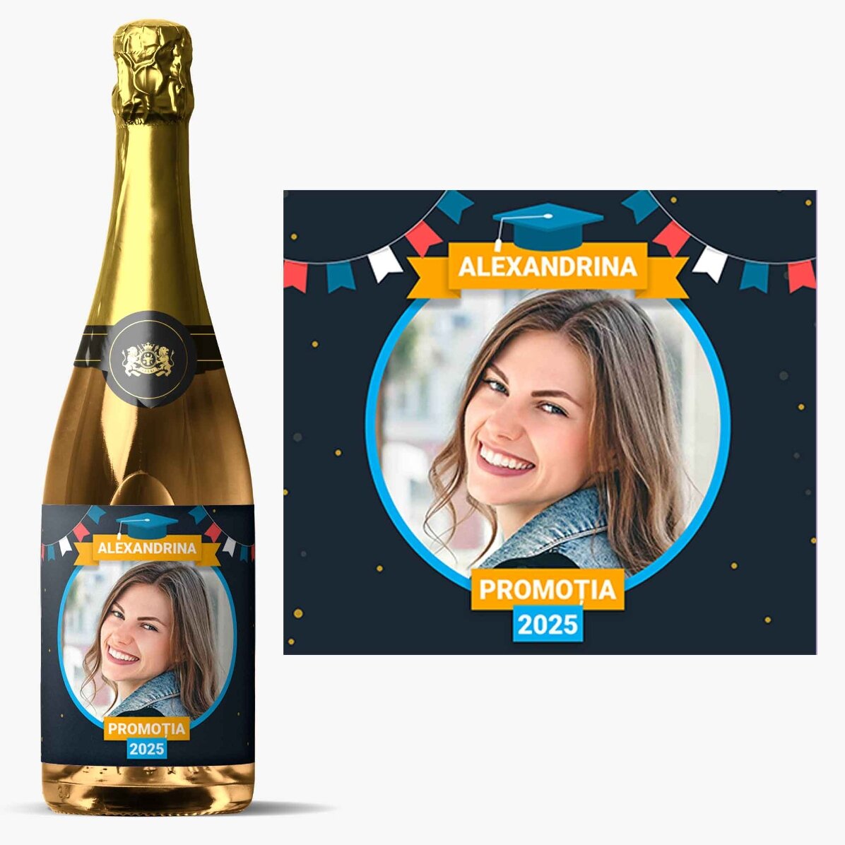 Personalisierter Sekt mit Text und Foto zum Schulabschluss